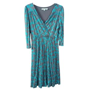 Boden‎ Women's Dress Aqua Blue Grey Floral Abstract Pleated Knee Length Size 8